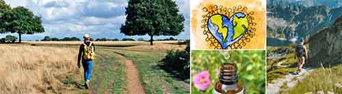 Montage: Walking in the fields, mother earth heart and walking in the mountains