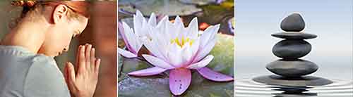 Montage Image - Lady meditating, Lotus flowers and zen stones
