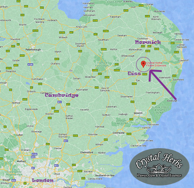 Crystal Herbs Flower Essences is based in East Anglia in the east of the U.K. Map showing where Crystal Herbs is based in the U.K.