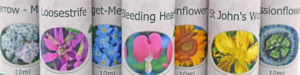 A close up picture of bottles of Crystal Herbs flower essences