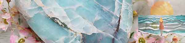 Montage Image Flowers, Larimar crystal and a person standing on the beach looking at the sun