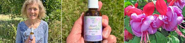 Picture of Catherine Keattch holding a Heart Connection Spray, a close up of a Heart Connection Essence Spray and picture of Fuchsia flowers