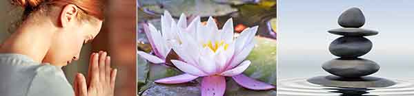 Flower Essences for Meditation Montage Image - Lady meditating, Lotus flowers and zen stones
