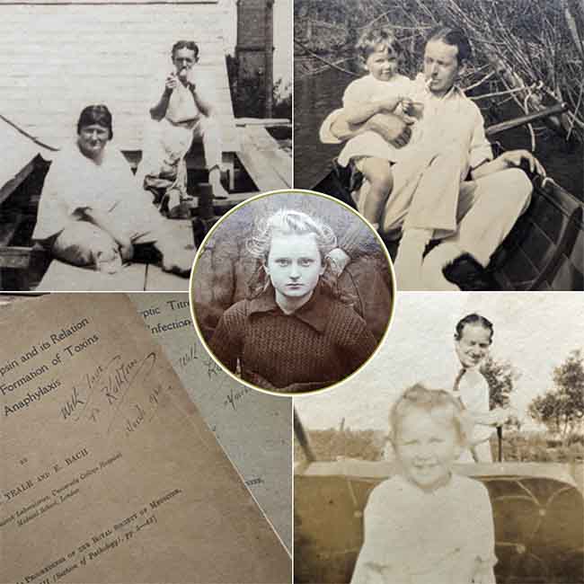 Bobbie and Kitty Bach - Edward Bach's Family Montage - Kitty Light centre, Kitty & Edward Bach on the rook with Bobbie, Bobbie and Edward Bach in a boat, boating on the Thames, and a book inscribed by Edward Bach to Kitty