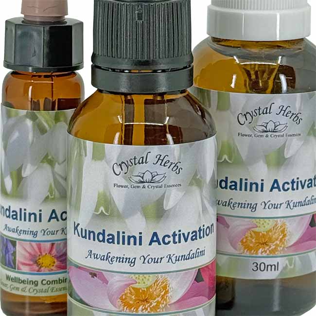 A picture of three bottles of Crystal Herbs Kundalini Activation Essence - a 10ml bottle, a 25ml bottle and a 30ml spray bottle.