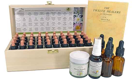 A Bach Flower Remedy set with bottles, Revival Remedy, cream & book