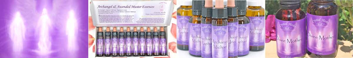 Archangel Essence Montage: Archangel outlines, a set of Archangel and Ascended Master Essences, 10ml, 25ml and 30ml spray bottles, and two bottles of Divine Mother Essence