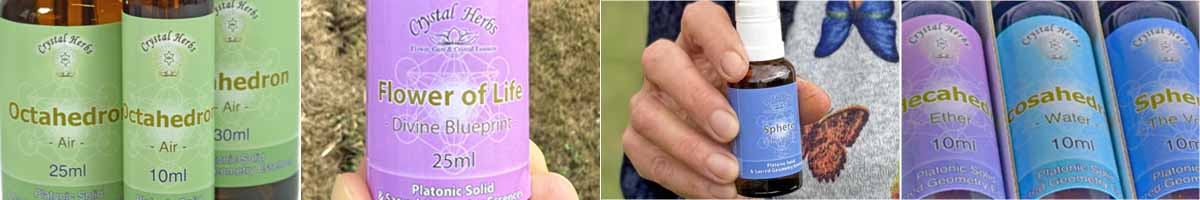Platonic Solid Essence Montage: bottles of the Octahedron Essence, a bottle of the Flower of Life essence, a Sphere essence held in someones hand and a close up of a Platonic Solid Essence set
