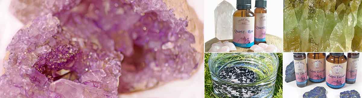 Montage image: Quartz Amethyst crystal, Rose Quartz Crystal Essences, Green Calcite Crystal, Making Merlinite crystal Mother Tinctures, Lapis Lazuli Essences with Lapis crystals