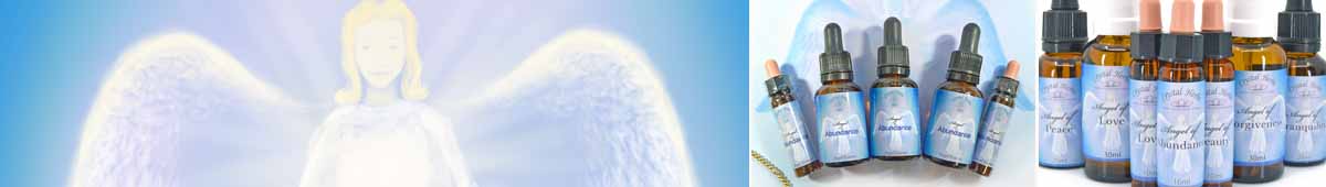 Picture of an Angel with wings and pictures of bottles of Crystal Herbs Angel Essences in 10ml and 25ml sizes and 30ml sprays