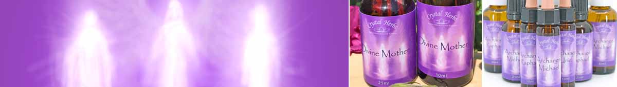 Picture of Archangels with wings and pictures of bottles of Crystal Herbs Divine Mother Essences, and Archangel Essences in 10ml and 25ml sizes and 30ml sprays