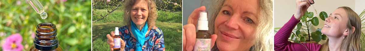 Using an Essence montage: a dropper and bottle, Catherine holding a spray essence, person holding a flower essence and a person using a flower essence