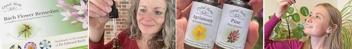Bach montage: a Bach Flower Remedy set in card boxes, a person using a Bach dropper and bottle, two 25ml Bach Flower Remedies and a person taking a Bach Flower Remedy