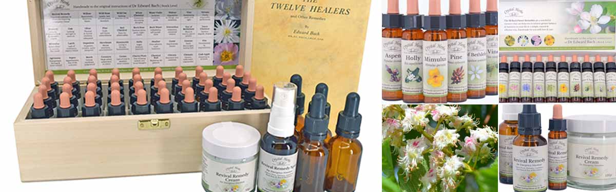 A montage image showing a Crystal Herbs Bach Flower Remedy set and Revival Remed bottles, bottles of 10ml Bach Flower Remedies, s self select Bach Set, White Chestnut flowers and Revival Remedies and Revial Creams