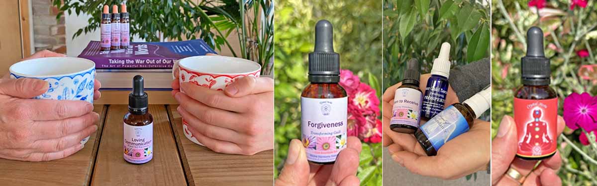 Essence Montage: Hands on mugs and a Loving Communications Essence, a bottle of Forgiveness Essence, three bottles of essences for Abundance, and a bottle of Base Chakra Essences