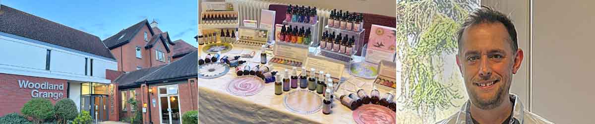 BFVEA Annual Gathering Montage Image - Outside of Woodland Grange conference centre, Crystal Herbs Display Stand with Flower Essences and picture of Sam Cremnitz