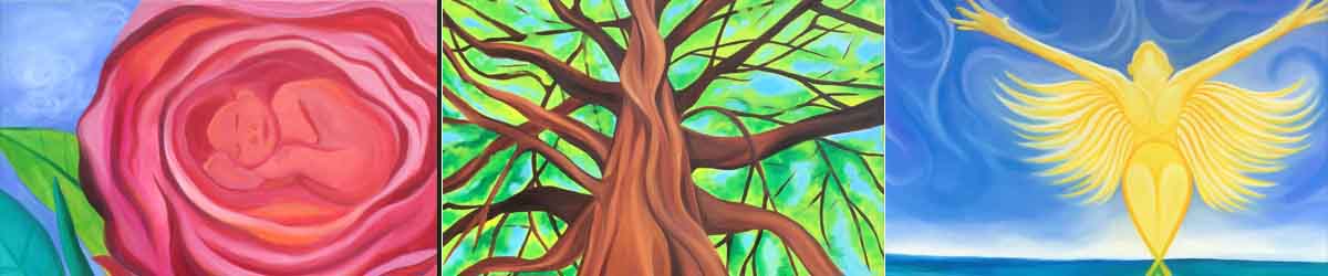 Flower Essences and Art Montage Image: Rose picture, a towering tree and an angel over the water