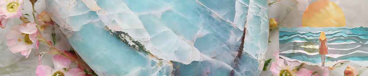 Montage Image Flowers, Larimar crystal and a person standing on the beach looking at the sun