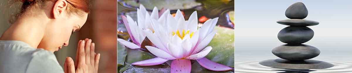 Flower Essences for Meditation Montage Image - Lady meditating, Lotus flowers and zen stones