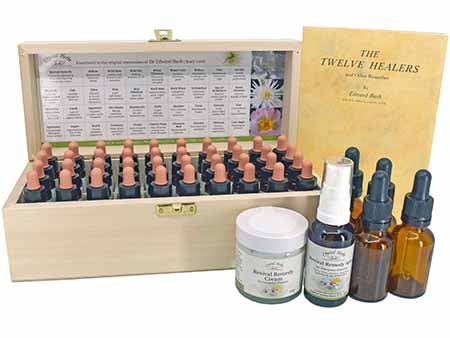 A picture of a Crystal Herbs Bach Flower Remedy set with the Twelve Healers book, A Revival Remedy Spray and cream and five empty mixer bottles