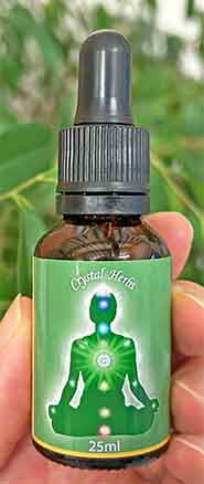 A bottle of the Heart Chakra Essence from Crystal Herbs held in a hand