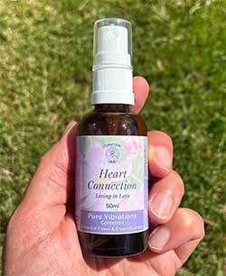 A bottle of the Heart Connection Essence spray held in a hand