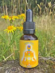 Bottle of Solar Plexus Chakra Essence with flowers in the background