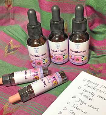 Bottles of the Thankfulness Essence on colourful material with a journal