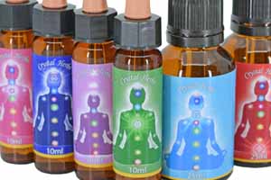 Close up of Crystal Herbs Chakra Essence bottles