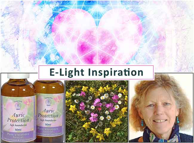E-Light newsletter montage - sacred symbols, flower essences, flowers in a heart and Catherine Keattch