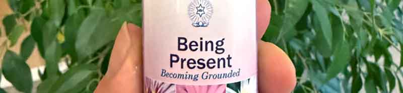 A bottle of Crystal Herbs Being Present Essence held in a persons hand