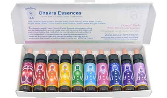 A 10ml Chakra Essence set open and displaying the ten bottles